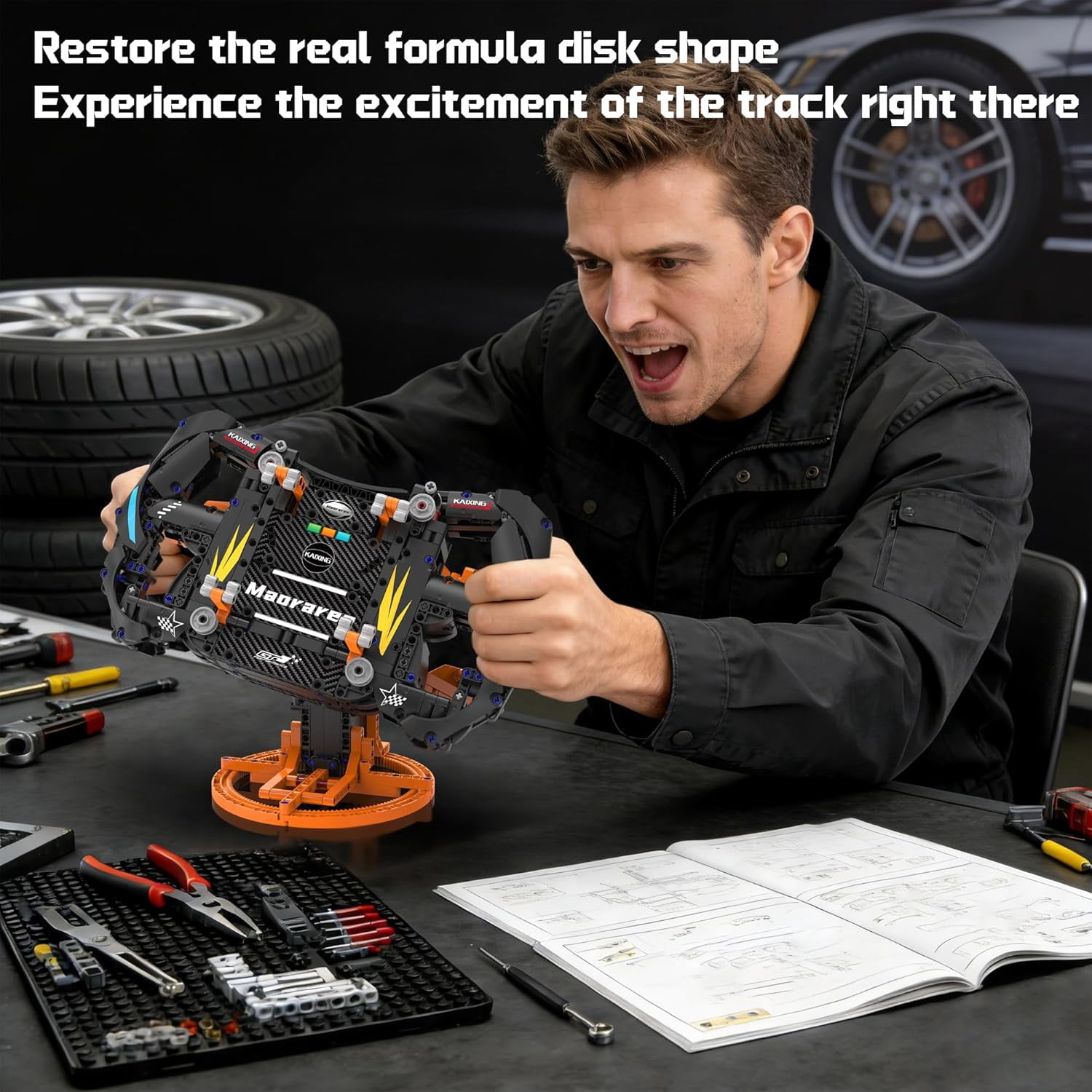 Racing Simulator Steering Wheel Building Set, Mechanical Formula Sim Cars Driving, Collectible Model Kit with Moving Parts & Phone Holder, 935PCS