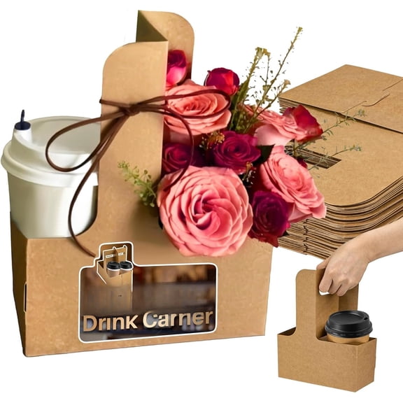 2 Cup Drink Carrier with Handle - 12 count Disposable Paper Cardboard Coffee Cup Holder Portable Drink  Cup Carriers to go Cup Holder  Delivery Accessories for Hot/Cold Drinks (Brown)