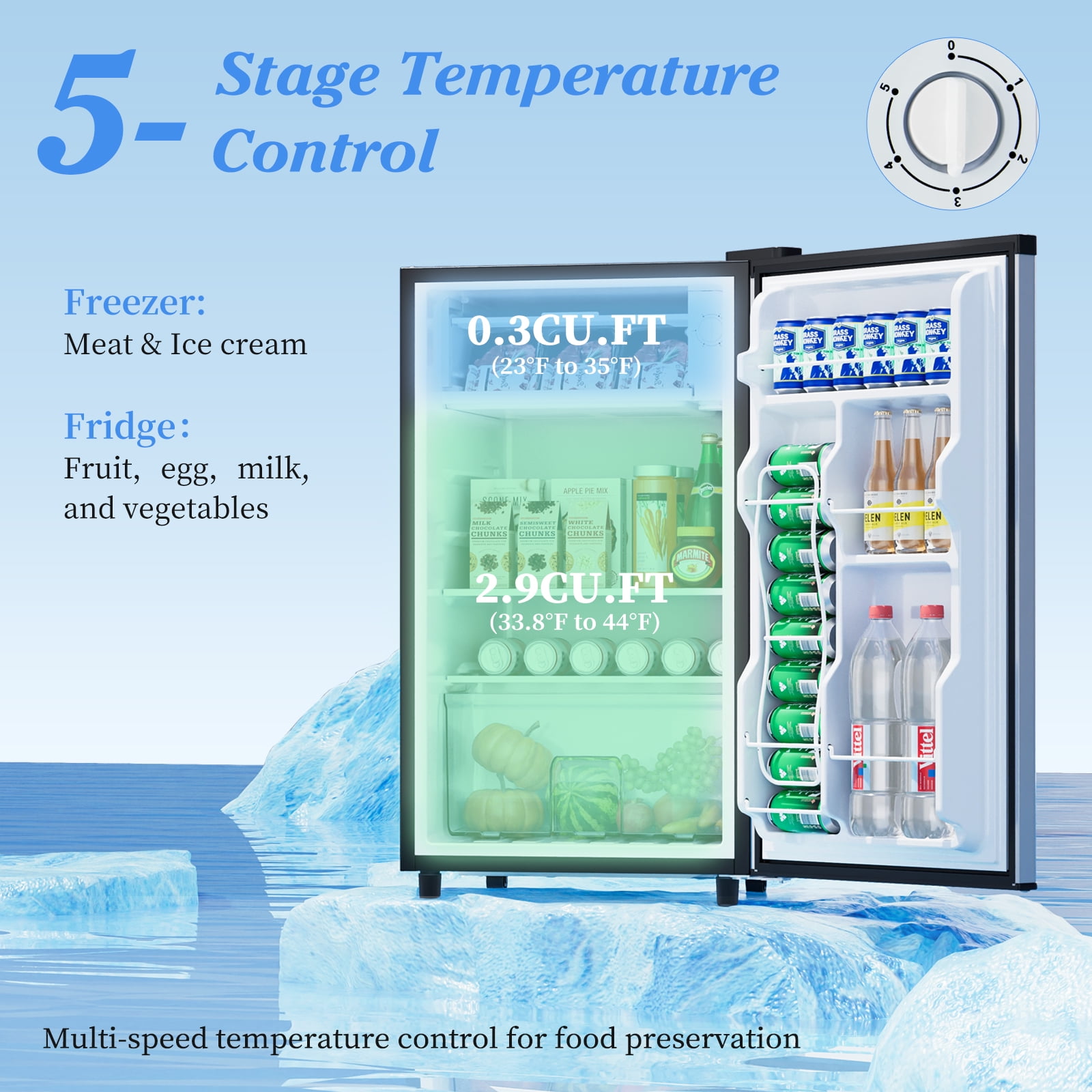 CONCETTA 3.2 Cu. ft. Single Door Mini Refrigerator with Freezer, Adjustable Thermostat Control for Dorm, Office, Apartment, Silver