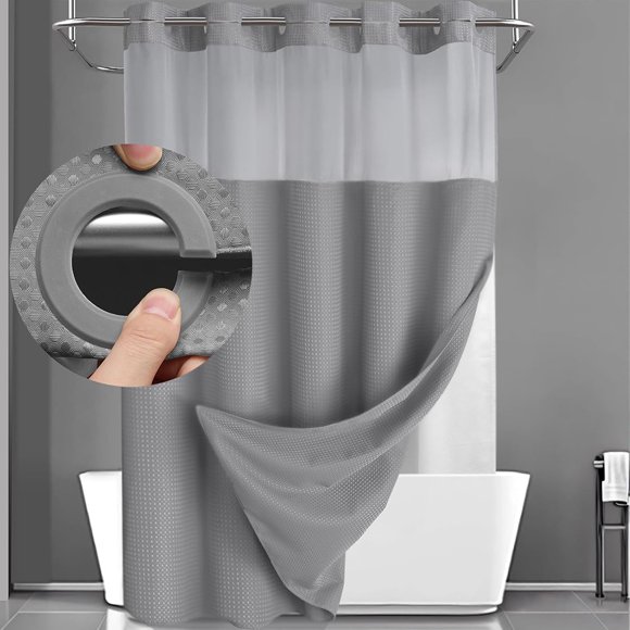 EIMELI Hookless Shower Curtain with Snap Liner Light Gray Waffle Theme Home Decor Hotel Shower Curtain and Liner Set Watercolor See-Through Shower Curtain with Window Double Layers Wa