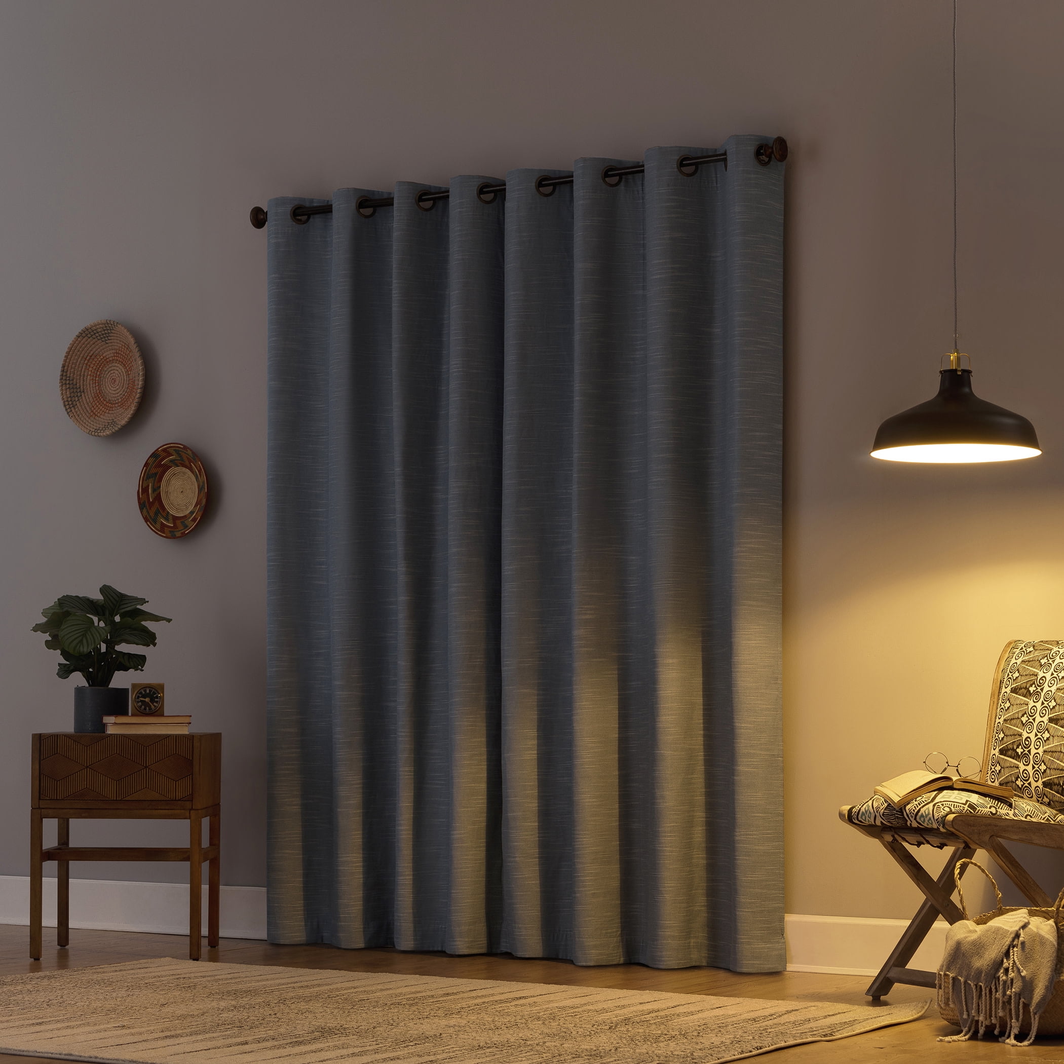 Archaeo Textured Linen Blend Total Blackout Grommet Top Curtain, 50"W X 96"L, Storm Blue