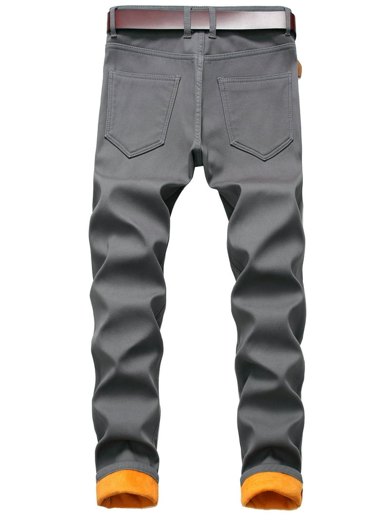 Frontwalk Men Denim Pants Thicken Plush Trousers Mid Waist