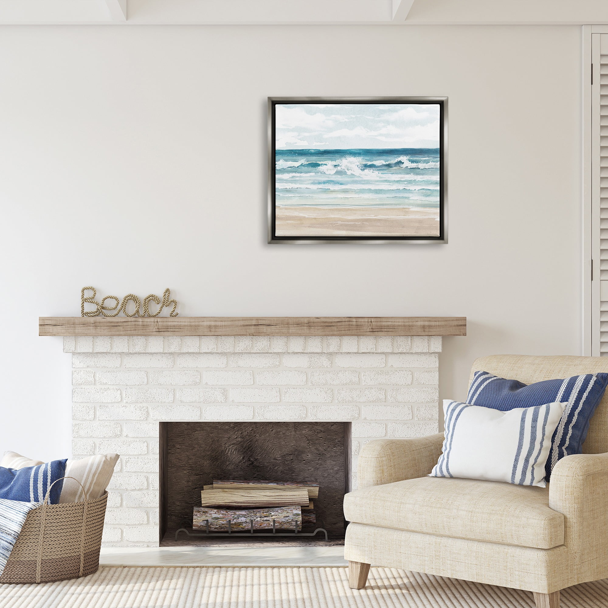 Stupell Industries On The Shore Beach Waves Landscape Painting Gray Floater Framed Canvas Art Print Wall Art, 31 x 25
