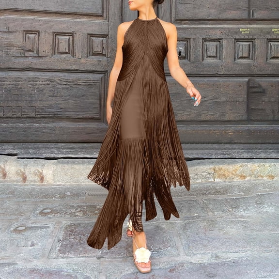Aueoeo Casual Dresses for Women Sundresses for Women Women Solid Color Elegant Party Tassel-Embellished Neck-Length Dress Long Dress Womens Dresses
