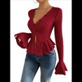 thumbnail image 2 of Camiseta Elegante de Larga con Cuello en V para Mujer, Otoño e Invierno, con Volantes, Corte Entallado y Mangas Acampanadas Vino Tinto L, 2 of 9