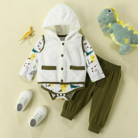 

Hunpta Infant Toddler Boys Girls Long Sleeve Hooded Vest Tops Long Sleeve Romper Bodysuits Cartoon Dinosaur Prints Pants Outfits