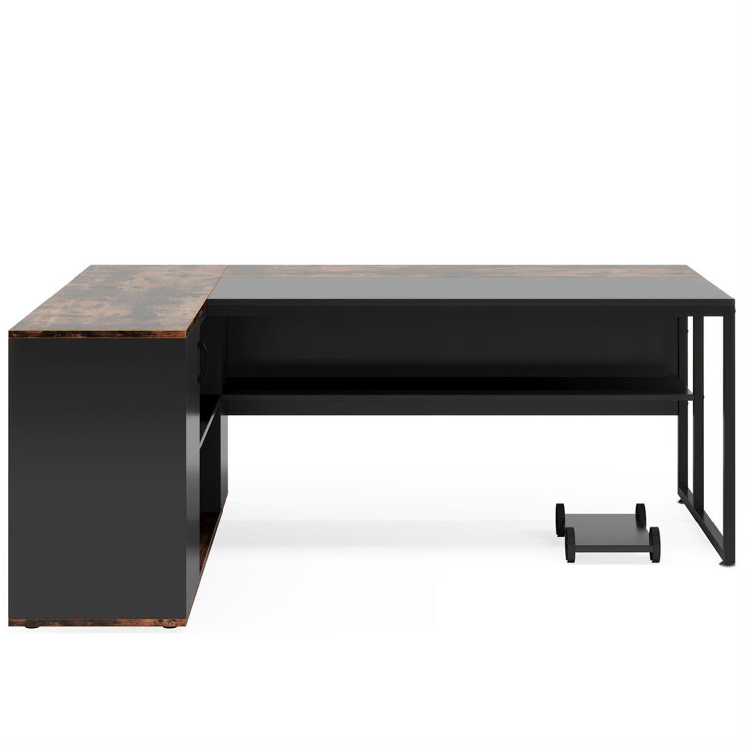 Demi Bonn Modern L Shaped Gaming Desk, 71" Executive Desk with Shelves and Lateral File Cabinet for Home Office, Brown
