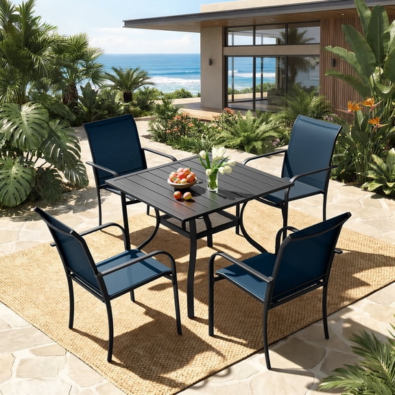 SOLAURA 5-Piece Outdoor Patio Dining Set, Textilene Dining Chairs and Metal Square Table with Umbrella Hole, Outdoor Furniture Set for Garden, Backyard, Deck, or Poolside, Blue