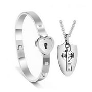 Suzicca Lock Bracelet & Key Necklace Bangle Pendant Titanium Steel Lover Jewelry Set Romantic Gift for Valentines Day Birthday Christmas Wedding Anniversary