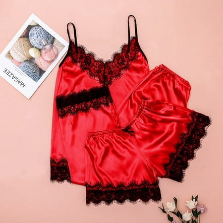 

WGOUP 3PC Women Lace Satin Sleepwear Lingerie Camisole Bow Trousers Casual Pajamas Red
