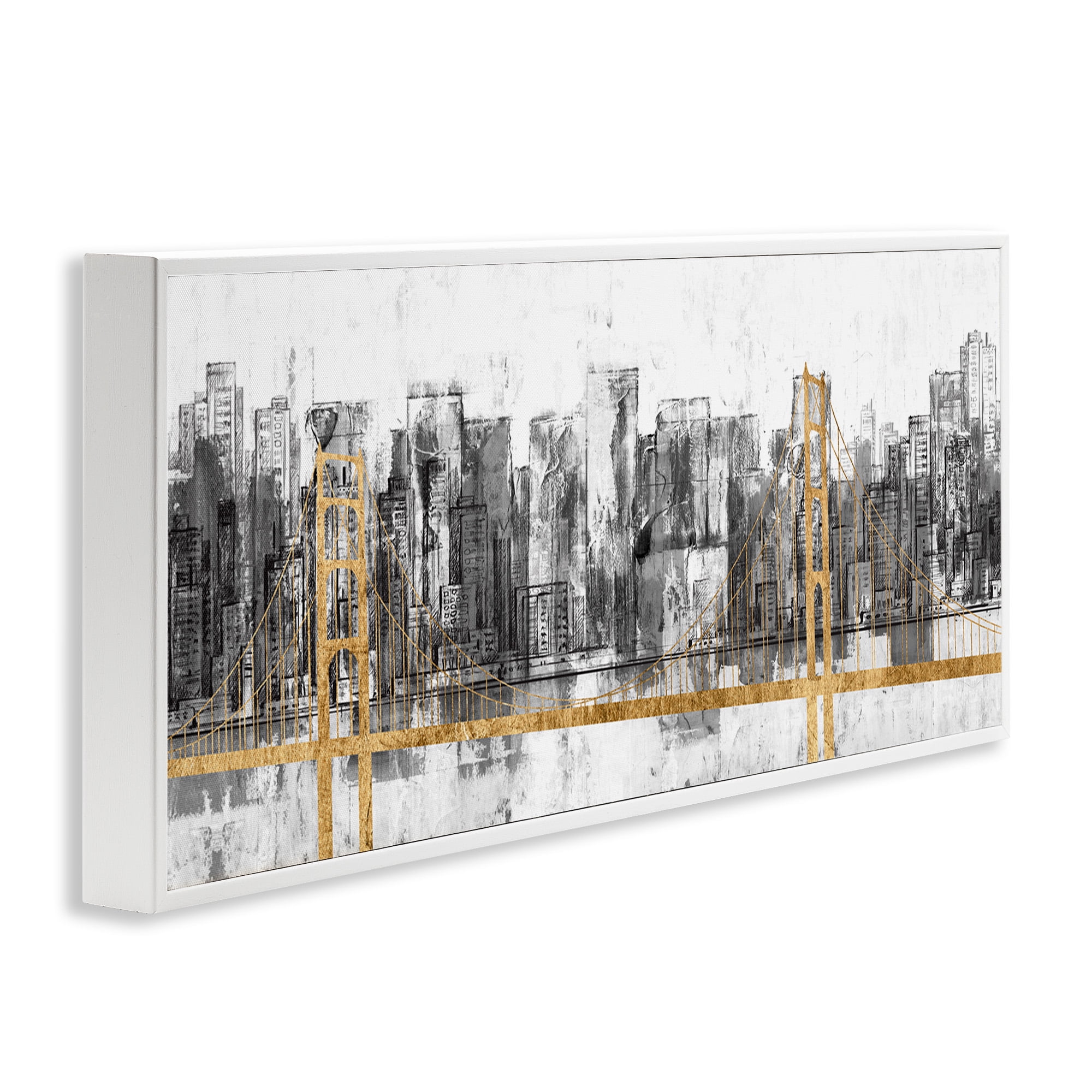 Stupell Industries Urban Golden Bridge Cityscape Abstract Painting White Framed Art Print Wall Art, 30 x 13