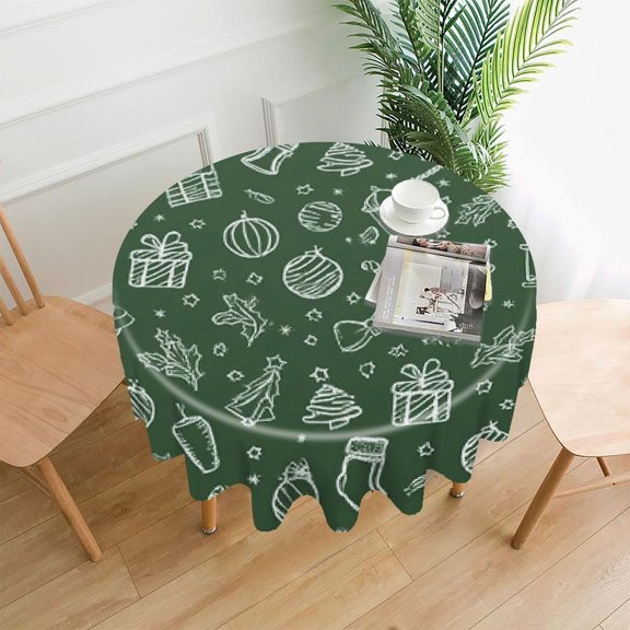 RKSupls 60 Inch Round Tablecloth, Christmas Doodles Green Premium Polyester Straight Edge Wrinkle Resistant Washable Table Cover for Party Home Dining Decor
