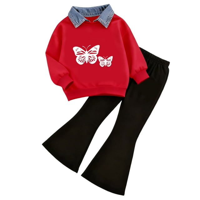 CAUYDY Girls Clothes Versatile Two-Piece Ensemble Cozy Cropped Polo long sleeve Sweatshirt and High-Waisted Flare Pants Spring Fall Set(A01-L,3-4 Years)