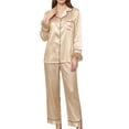 thumbnail image 2 of sdhkgrrt Women's 2 Piece Matching Pajama Set Collared Long Sleeve Shirt Long Pants Solid Casual Comfortable Lounge Set Fall Winter Tracksuit Clothing, Beige M, 2 of 6