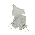 thumbnail image 1 of goowrom Toddler Kid Girl Casual Outfits Sets, Solid Color Oblique Shoulder Crop Tops with Elastic Waist Side Ruched Drawstring Shorts, 1 of 9
