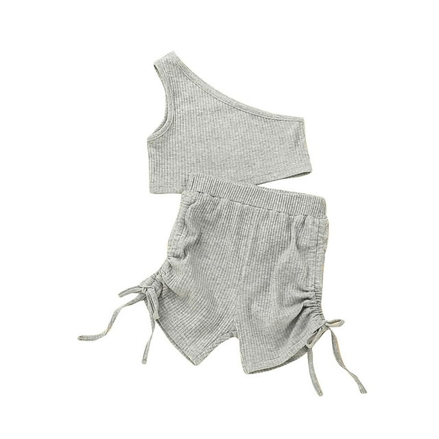 goowrom Toddler Kid Girl Casual Outfits Sets, Solid Color Oblique Shoulder Crop Tops with Elastic Waist Side Ruched Drawstring Shorts