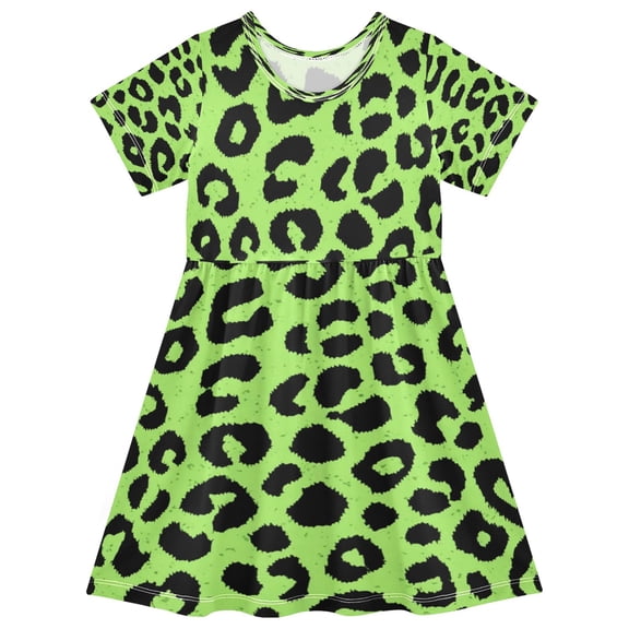 Girls Short Sleeve A-Line Dress Play Dress Neon Green Leopard Print Sizes 2T