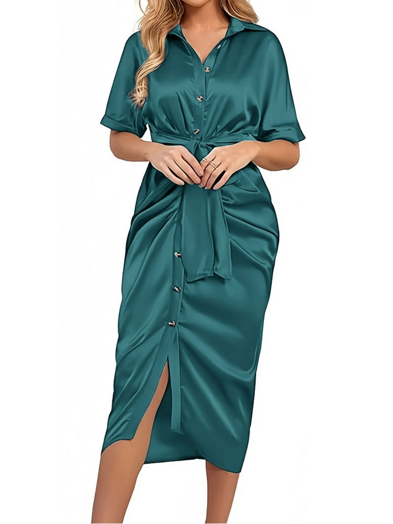 Hanerdun Womens Satin Shirt Dress Ruched Party Wrap Dresses Short Sleeve V Neck Button Down Maxi, Women's, Size: XL, Green Hanerdun Womens Satin Shirt Dress Ruched Party Wrap Dresses Short Sleeve V Neck Button Down Maxi, Women's, Size: XL, Green