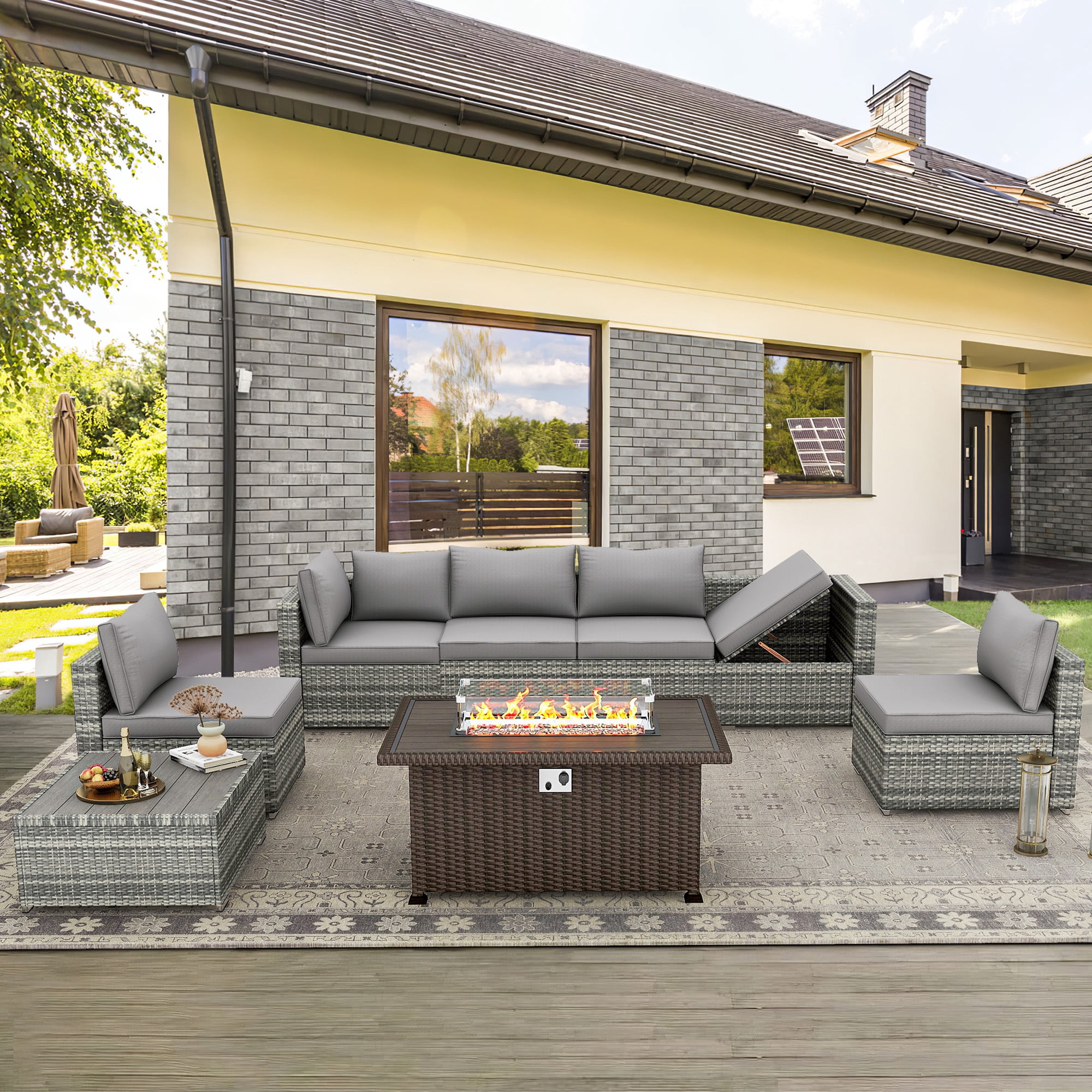 GYUTEI 7 Pieces Outdoor Patio Furniture Set with 44" Propane Fire Pit Table, PE Rattan Sectional Sofa Conversation Set w/Adjustable Bracket,Wood Coffee Table for Backyard (Grey)