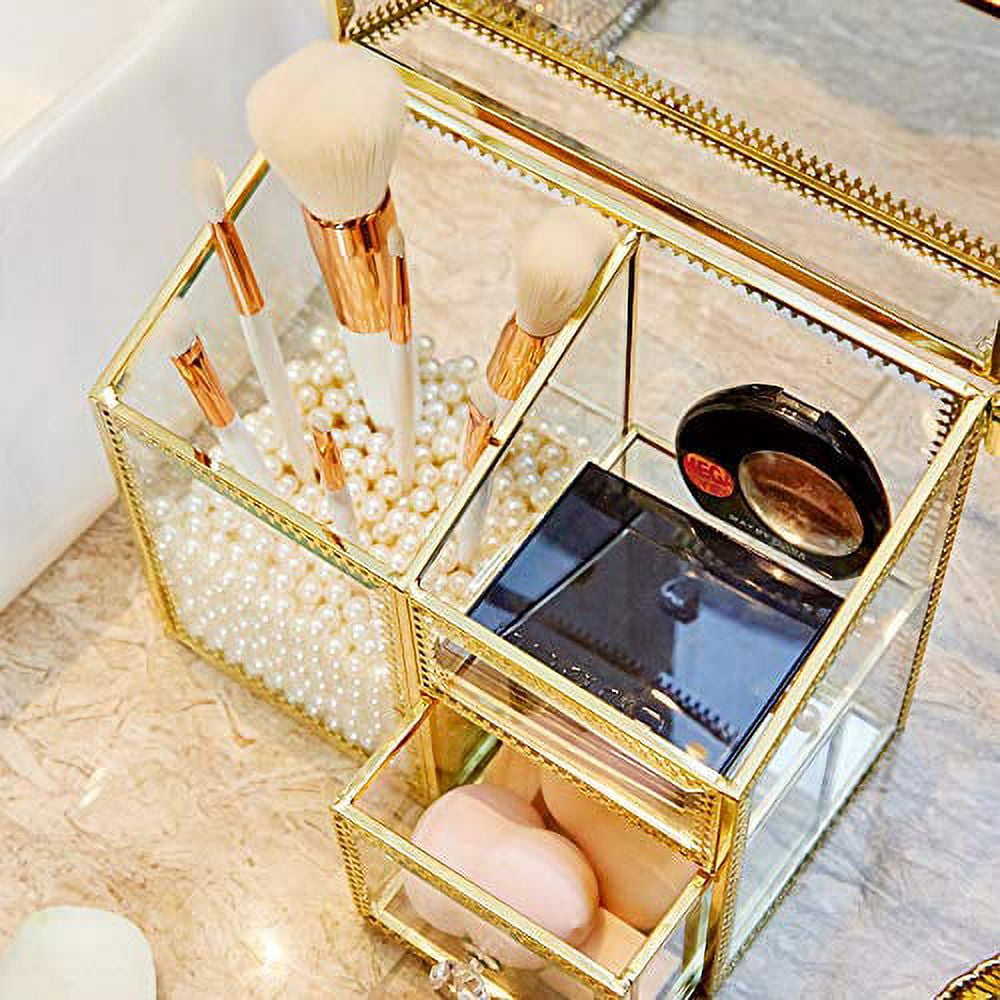 PuTwo Makeup Brush Holder Cosmetic Organizer Brass Glass Vintage Storage  with White Pearls, Golden 