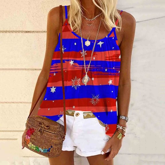 AOOCHASLIY American Flag Star Women Tops Fashion Women's Summer Round-Neck Sleeveless Print Casual CamisTop Blouse