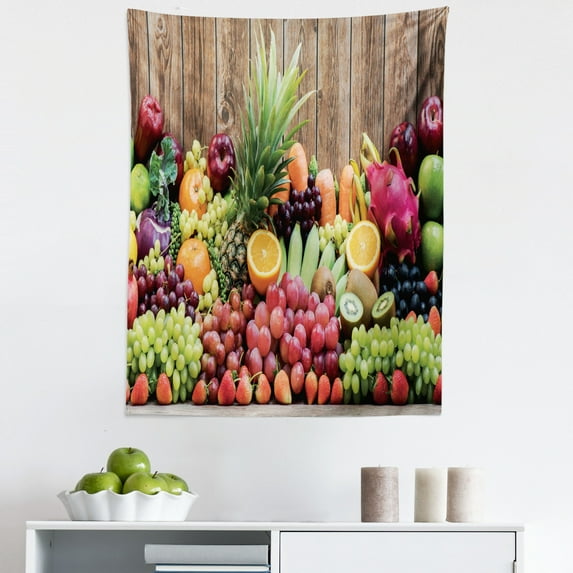 Food Tapestry, Exotic Fruits Image Grapes Strawberry Dragonfruit Kiwi Orange Apple, Fabric Wall Hanging Decor for Bedroom Living Room Dorm, 5 Sizes, Pale Maroon and Multicolor, by Ambesonne