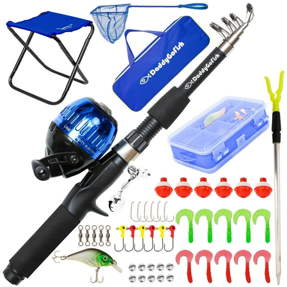 DaddyGoFish Kids Fishing Pole – Telescopic Rod & Reel Combo with Collapsible Chair, Rod Holder, Tackle Box, Bait Net and Carry Bag for Boys and Girls