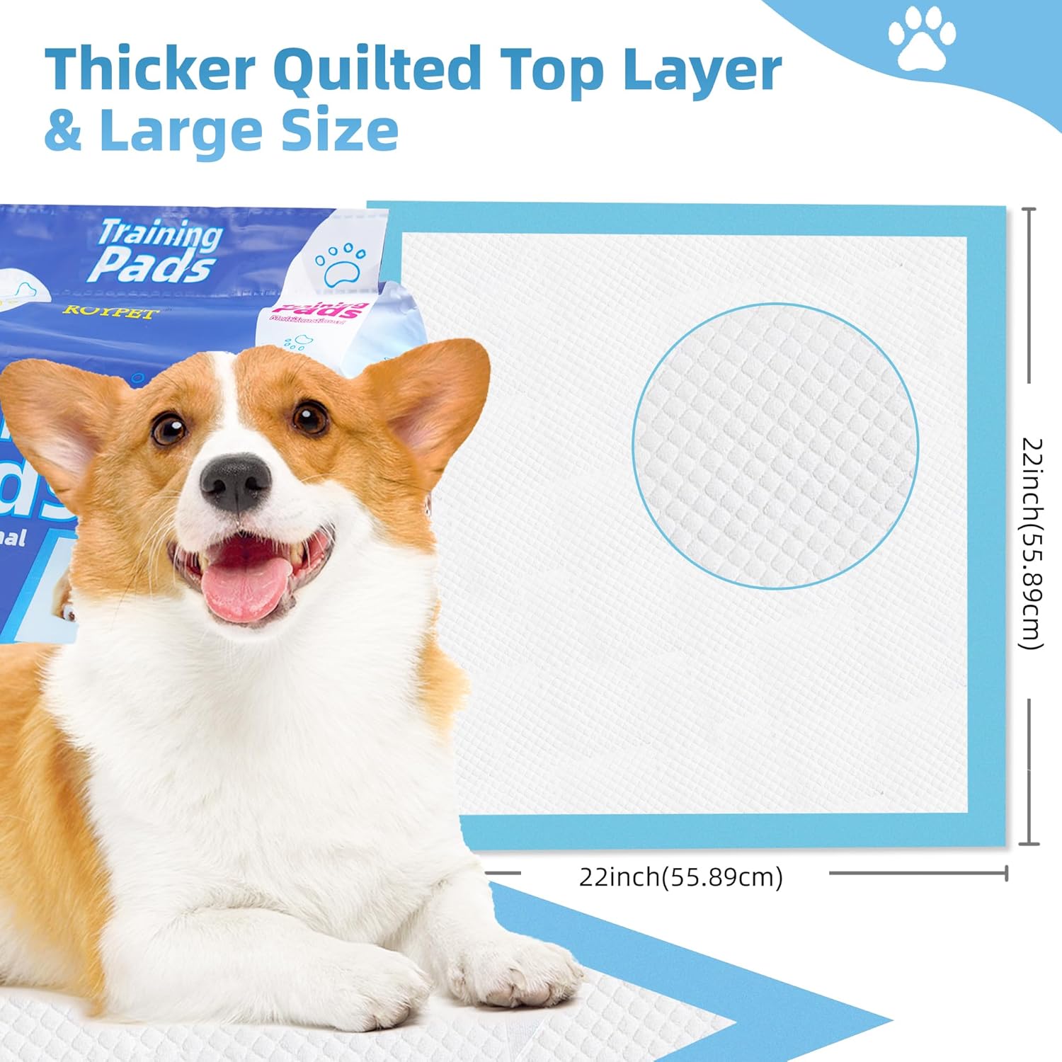 22" x 22" Puppy Training Pads in Bag, 5-Layer Leak-Proof Design and Quick-Dry, Surface for Potty Training, Ultra Absorbent and Odor Eliminating, 100 Count, Blue & White