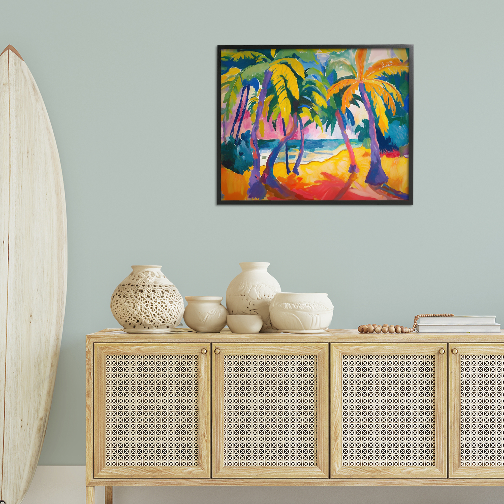Stupell Industries Tropical Palm Paradise Coastal Painting Black Framed Art Print Wall Art, 30 x 24