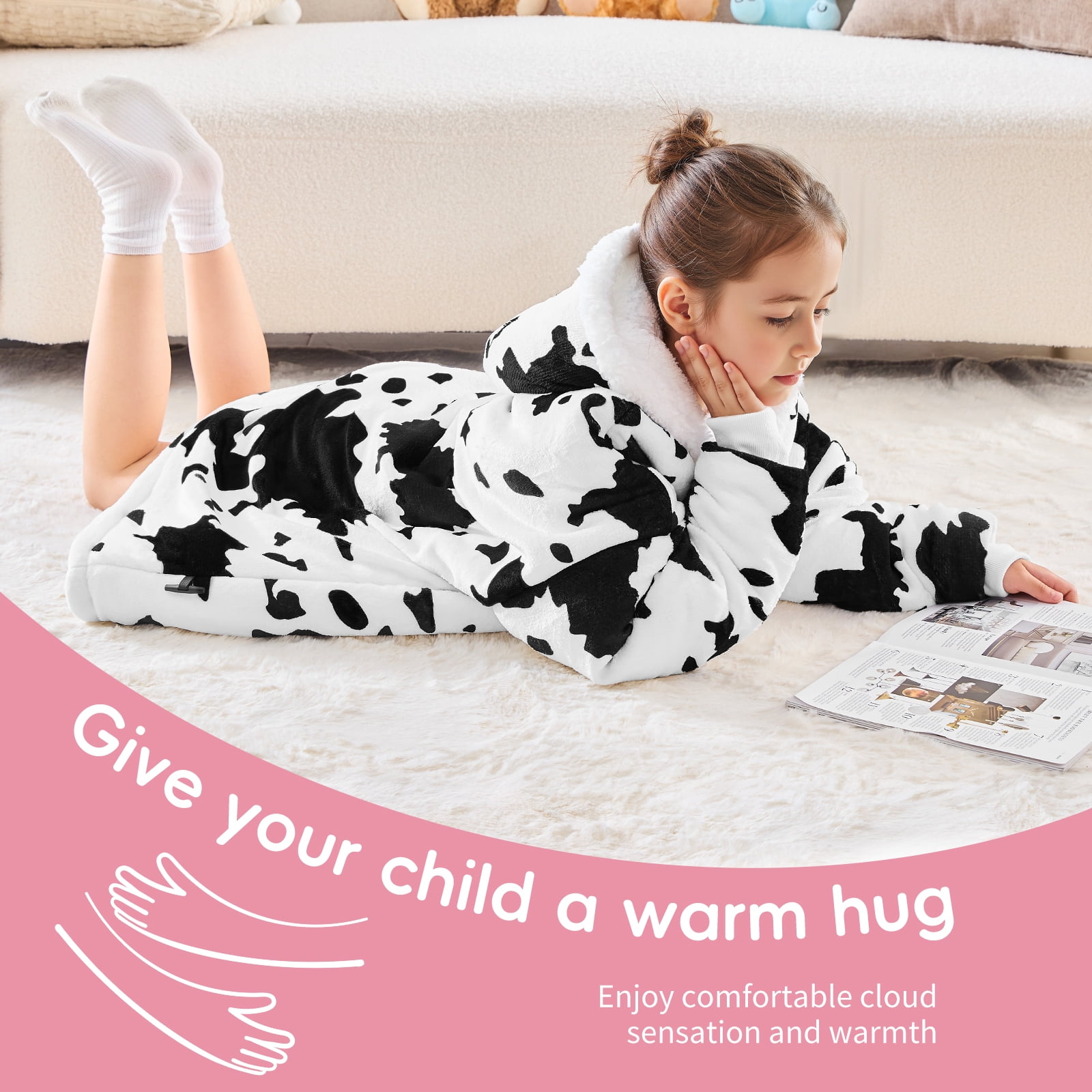 PMONPA Wearable Blanket Hoodie for Kids, Soft Double Layer Sherpa Fleece Sweatshirt,Teen Gifts for Kids, Youth, Boys, Girls, One Size, Cow