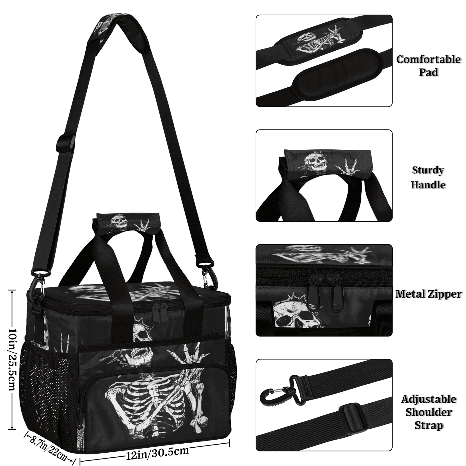 Herdesigns Skeleton Funny Skull Large Lunch Box for Adults Women Men with Adjustable Shoulder Strap, Insulated Reusable Lunch Bag Leakproof Cooler Tote Bag