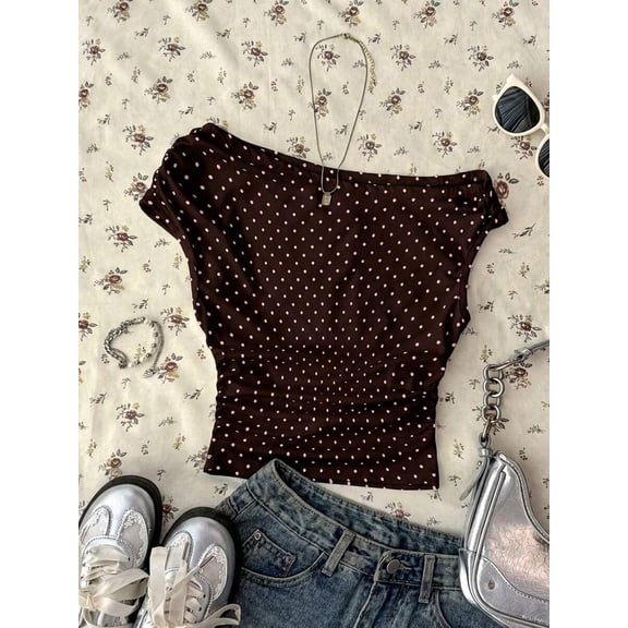 Brown Polka Dot Asymmetric Ruched Cropped Top For Women