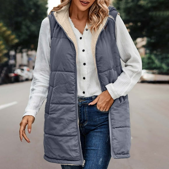 lcziwo Winter Vest for Women Long Puffer Jackets Outerwear with Hood Sleeveless Quilted Lightweight Zip Up Padded Coats 2024 Gray,M