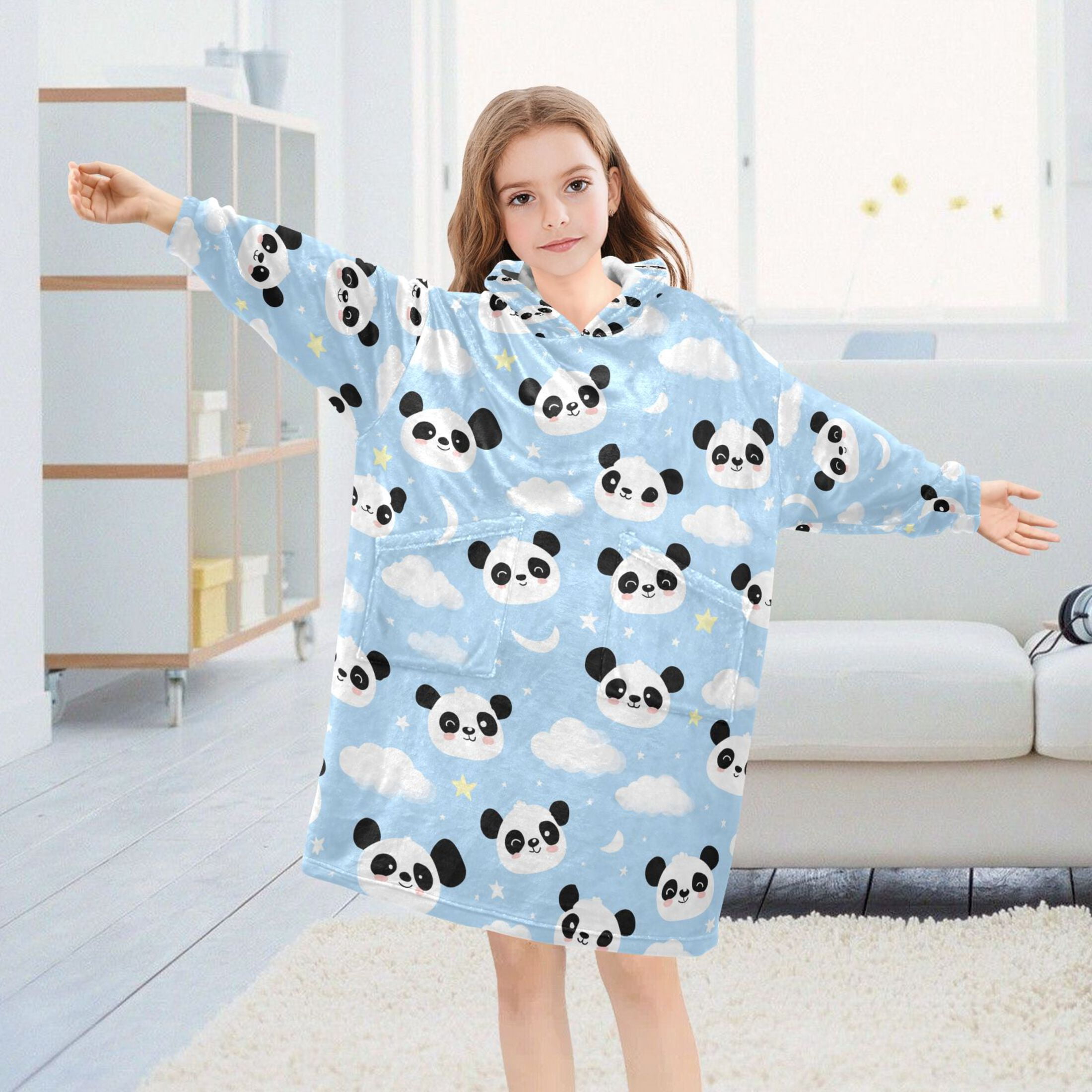 Wearable Blanket Hoodie for Cute Panda Clouds and Stars Flannel Hooded Blanket with Pockets and Sleeves Suitable
