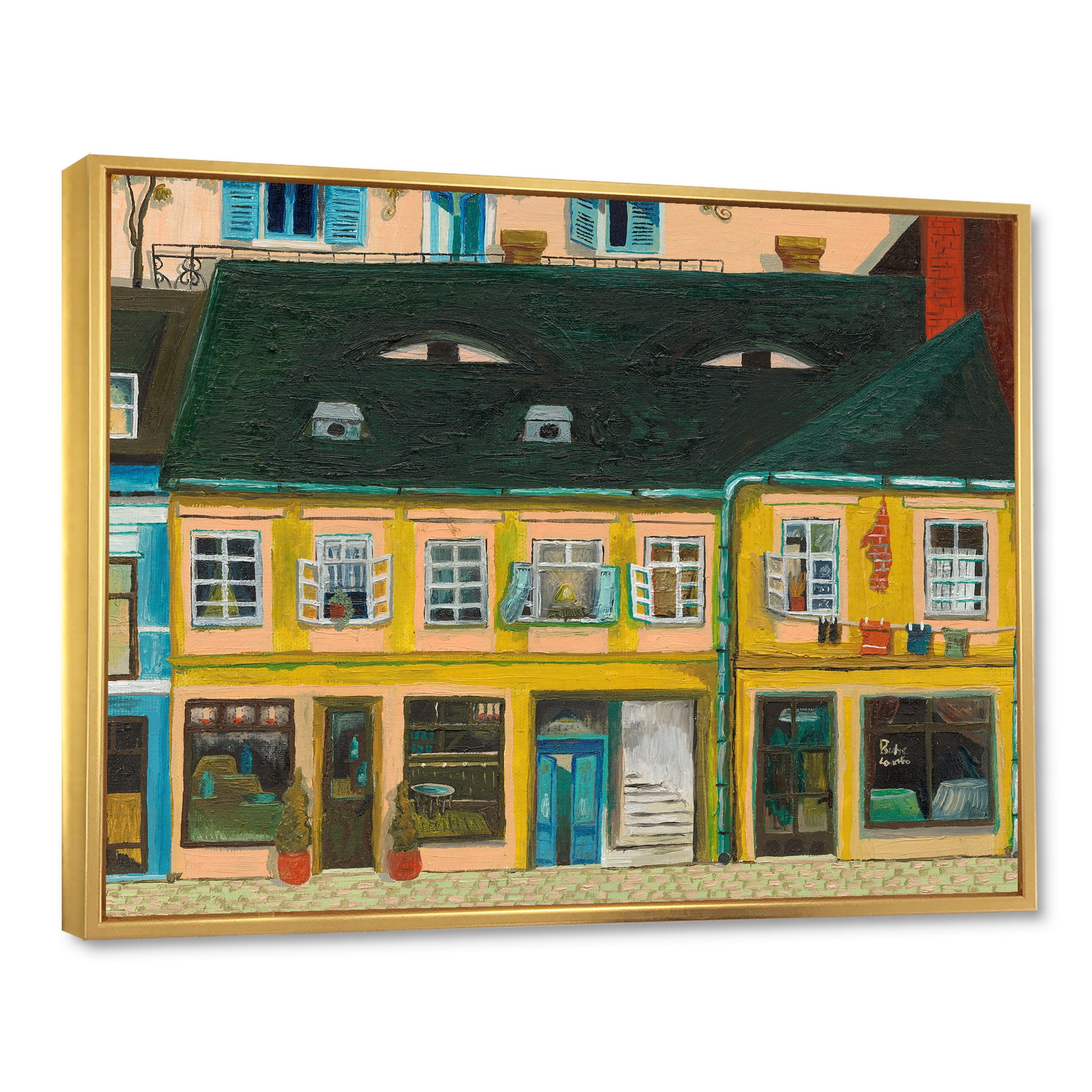 Designart 'Abstract Yellow Facade of Houses In Street In Paris' French Country Framed Canvas Wall Art Print
