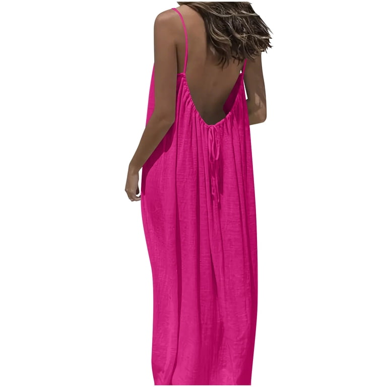 Sevevn Womens Backless Maxi Dress Spaghetti Strap Sleeveless Loose Fit Long Dress Lightweight Flowing Summer Casual Vacation Dress Hot Pink L, Women's