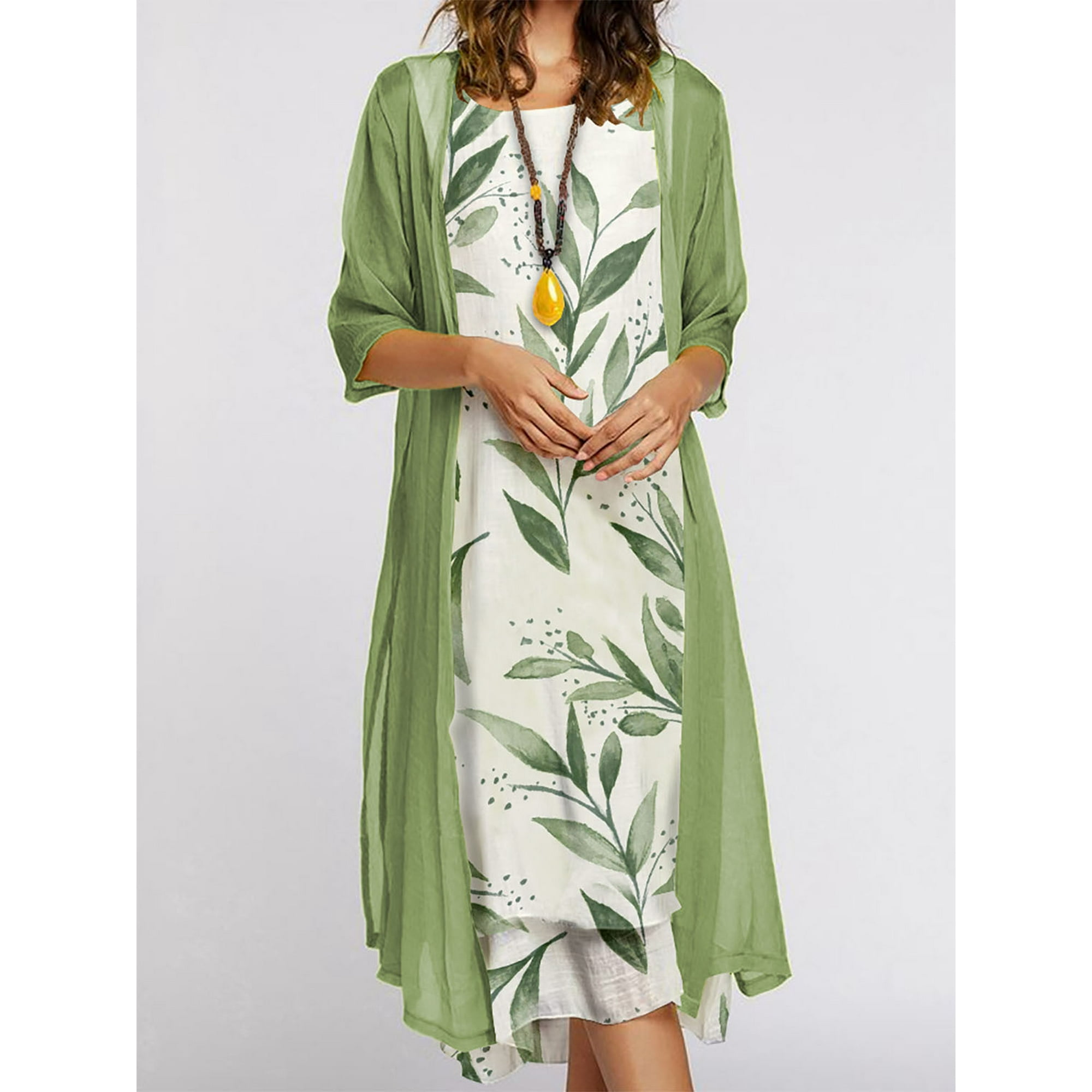 Carevas Europe and America summer new women long skirt two-piece floral print round neck dress coat women green XXXL