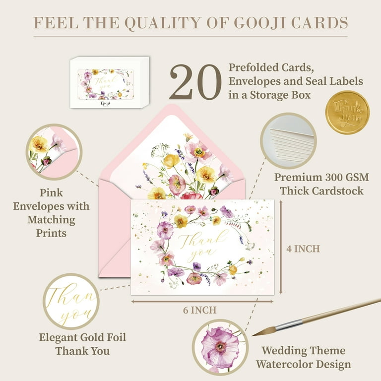 Gooji 4x6 Wedding Thank You Cards With Envelopes, Thank You From The New Mr And Mrs Cards, Matching Envelopes, Pack Of 20, Wedding Shower Thank You Cards Bulk (Cake & Car