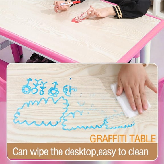 Historyli Table and Chair Set-47 Inches Modern Height Adjustable with Non-Slip Desk Legs & Organizer Graffiti Desktop-Preschool Activity Art Craft Tables for Ages 2-10-Pink