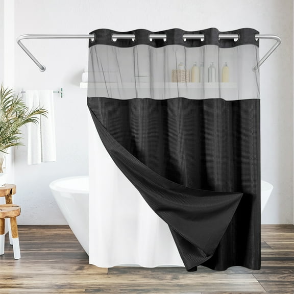 Americanflat 72x75 Black Hookless Waffle Pattern Shower Curtain - Water-Resistant Long Shower Curtain with Sheer Panel, Snap-In Liner, and Grommets