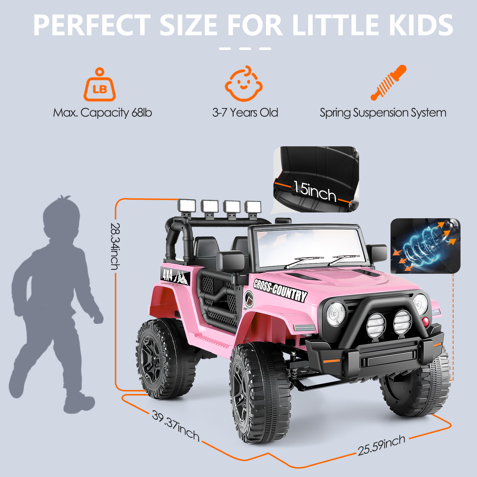 Funcid Ride on Truck Car, Kids 12V Electric Ride on Toys with Parent Remote Control, Spring Suspension, Bluetooth Music, LED Lights - Pink
