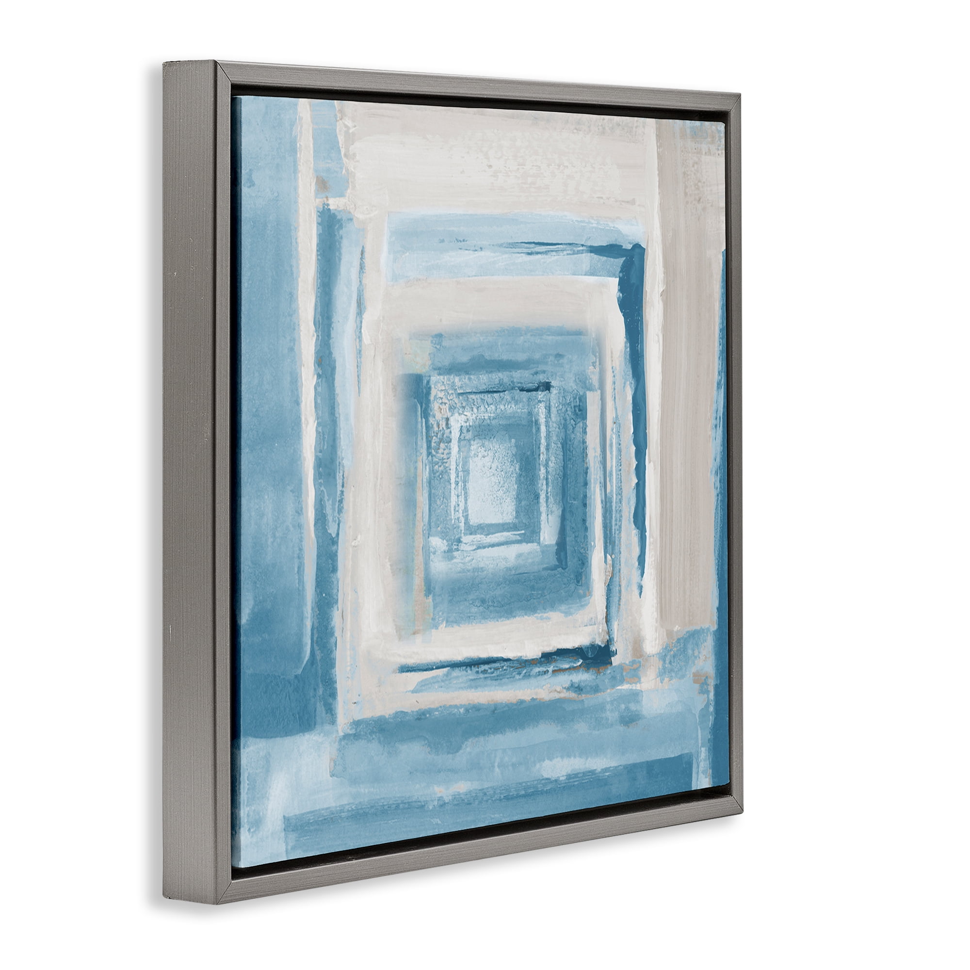 Stupell Industries Blue & Beige Squares Abstract Painting Gray Floater Framed Canvas Art Print Wall Art, 25 x 25