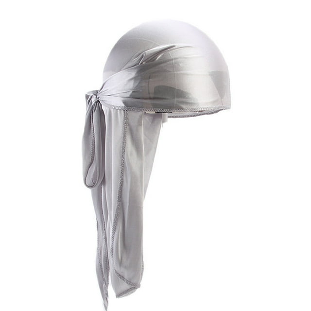 Versatility At Best Silky Durag With Long Tail Turban Headwear Elastic For All Occasions Wide Range Silver grey