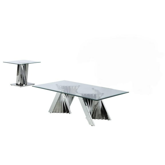 Geometric Clear Glass Coffee   End Table Set with Silver Stainless Steel