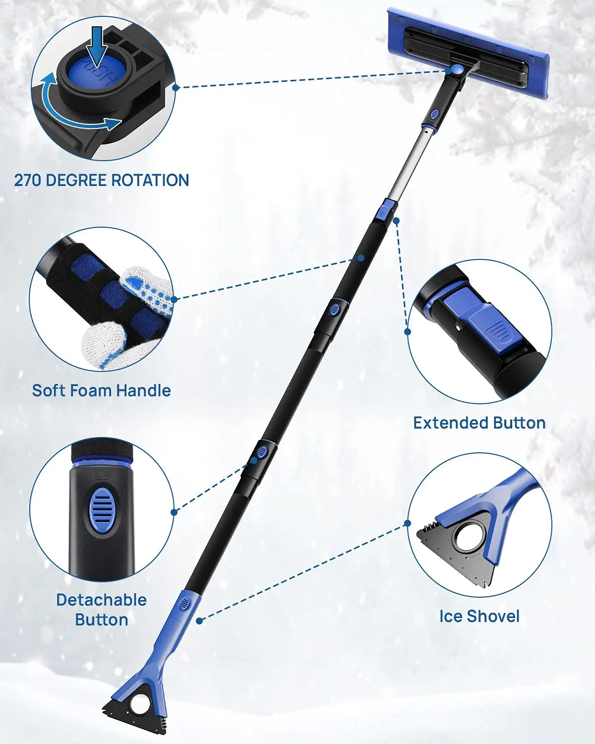  JOYTUTUS 47.7″ Extendable Snow Brush and Ice Scraper, 270°  Pivoting Snow Scraper Brush for Car Windshield, Telescoping Ice Scraper,  Foam Grip, Heavy Duty Snow Remover for Cars, Trucks, SUV (Blue) : Automotive