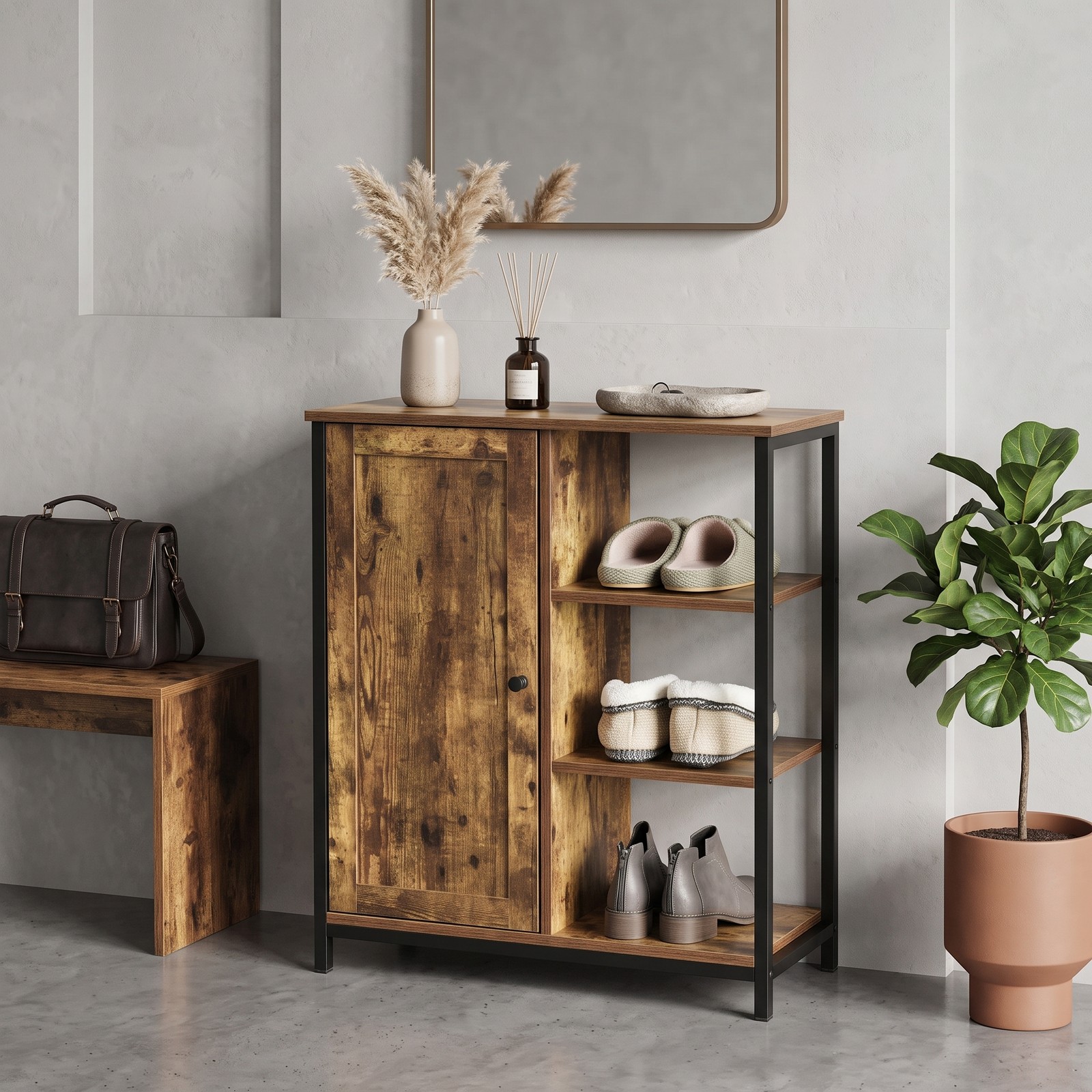 Furnibear Multipurpose Freestanding Storage Cabinet with 3 Open Shelves and 2 Doors, Industrial Wood Metal Accent Storage Cabinet for Living Room, Rustic Brown Black