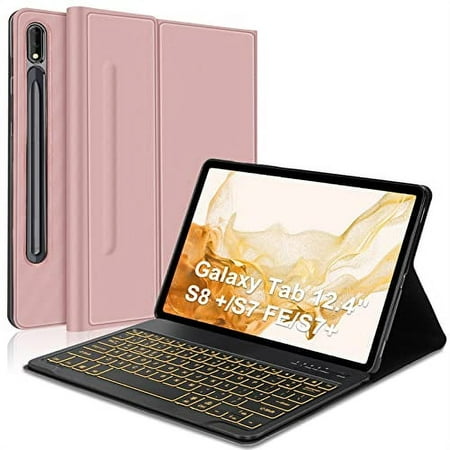Samsung Galaxy Tab S8+/S7 FE/S7 Plus Keyboard Case 12.4 inch -Detachable Bluetooth Backlit Keyboard, Slim Multi-Angle Cover with S Pen Holder for Galaxy Tab S8+ 2022/S7 FE 2021/S7 Plus 2020, Rose Gold