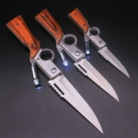 Folding Camping Knife - Folding Pocket Knife 440 Blade Wood Handle Outdoor Multitool Tactical Camping Survival Knives With LED light,Pack of 3