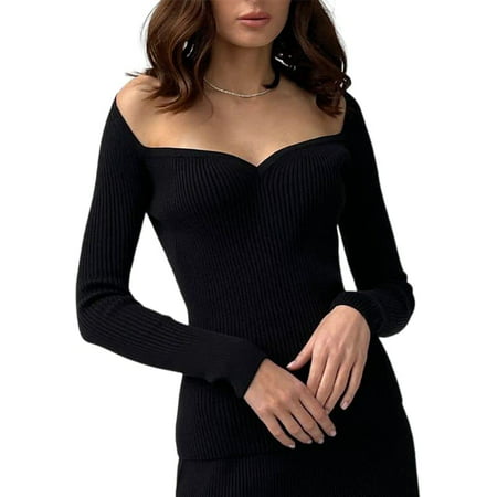 

PIKADINGNIS Women Sexy Sweetheart Neck Sweater Fall Long Sleeve Ribbed Knit Squareneck Bustier Corset Slim Fit Crop Pullover Tops