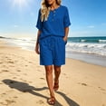 thumbnail image 2 of Women's Half Placket V Neck 3/4 Sleeve Top Drawstring Pocket Bermuda Shorts 2 Piece Outfit, Solid Summer Beach Casual Matching Set Blue XXXXXL(XXXXXL), 2 of 7
